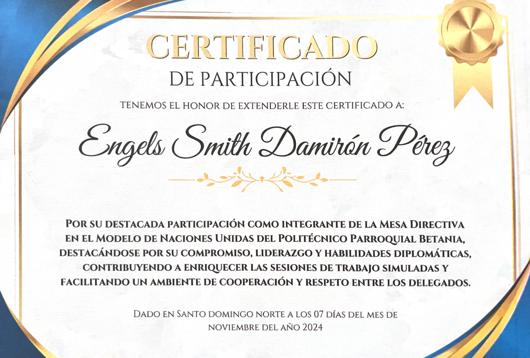 Certificado de participación como mesa directiva en MUN